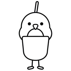Cute cartoon chick holding a large empty bucket with a simple outline design