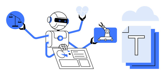 Fototapeta na wymiar Robot interacting with justice scale, robotic arm, heart, analytical dashboard, and cloud documents. Ideal for technology, AI, robotics, ethics innovation automation futuristic concepts simple