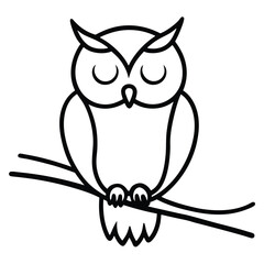 Cute cartoon owl with closed eyes sitting on a branch line art illustration