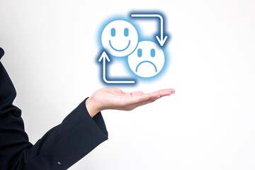 Bipolar psychology presentation with happy and sad face icons connected by arrows. Ideal for mental...