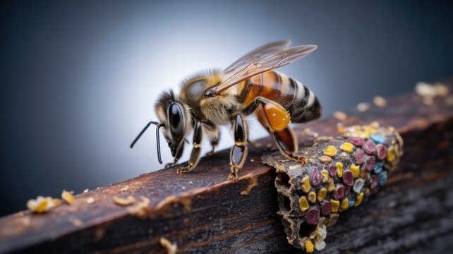Honeybee collecting pollen on wood next to multicolored bee bread