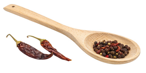 Wooden Spoon with Peppercorns and Dried Chili Peppers, Isolated on Transparent Background, Spice, Pepper, Chili