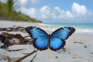 a blue butterfly sitting on a sandy beach