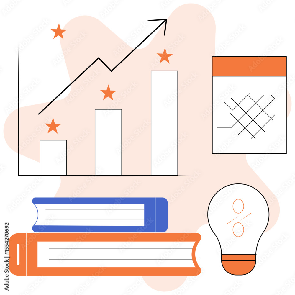 Poster flat vector illustration showing upward learning graph with books, lightbulbs, and exam score icons 