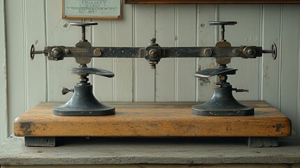 Antique metal scale with wooden base object
