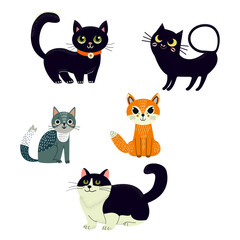 A charming collection of cartoon cat illustrations featuring different breeds and styles—black cats, tuxedo cat, gray and orange cats with playful, whimsical expressions. Perfect for kids and sticker 
