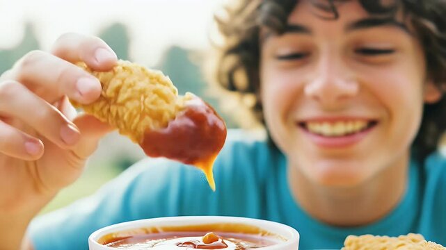 Smiling child happily dipping crispy fried chicken in ketchup sauce outdoor daytime scene focus on food and enjoyment