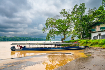 Motorized Canoe moored at Napo River, Amazon, Ecuador
