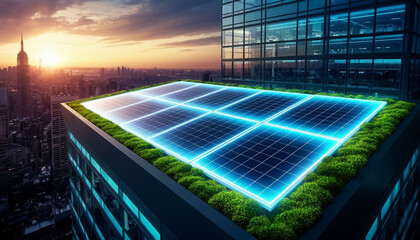 Transparent solar panels on a futuristic skyscraper glowing with energy. Futuristic cityscape.