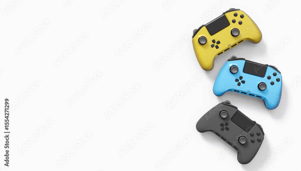 Poster realistic colorful video game joysticks or gamepads with color buttons on white