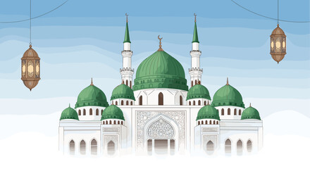 Islamic mosque illustration, green dome mosque, Ramadan background, Medina mosque vector, Islamic architecture, religious building, holy place, spiritual design, peaceful art