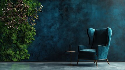 Teal wall with a lush green moss wall and a wingback chair.