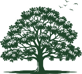 Obraz premium Green tree silhouette, nature artwork, isolated tree vector, environmental concept, oak tree drawing, forest plant image, eco-friendly design, simple elegant tree graphic