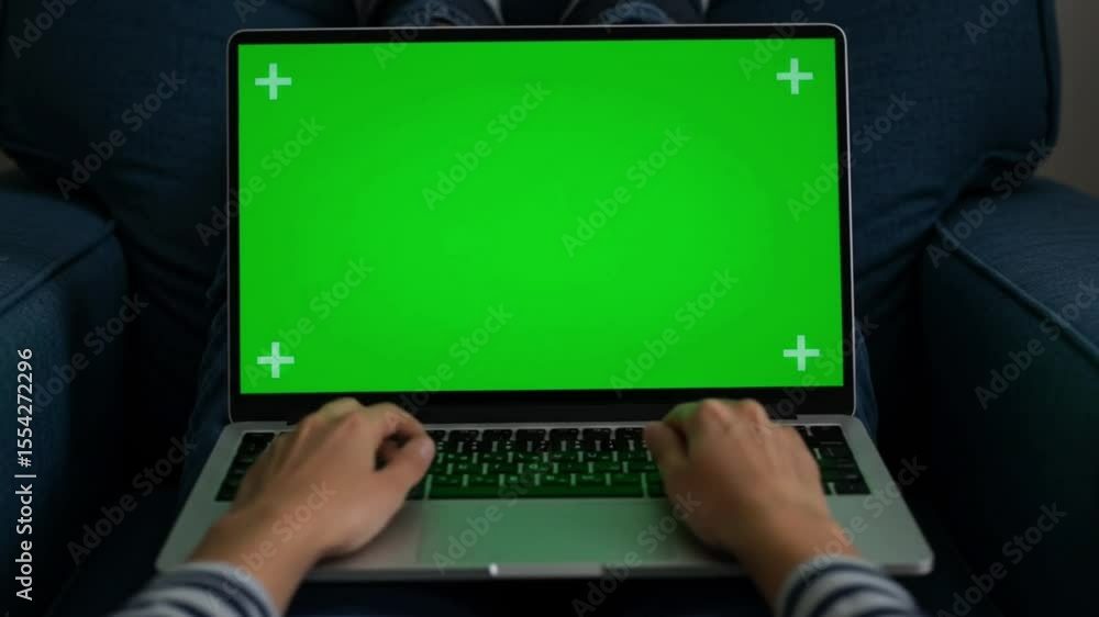 Poster relaxed laptop use with green screen 4k hands resting on a laptop keyboard while sitting on a comfor