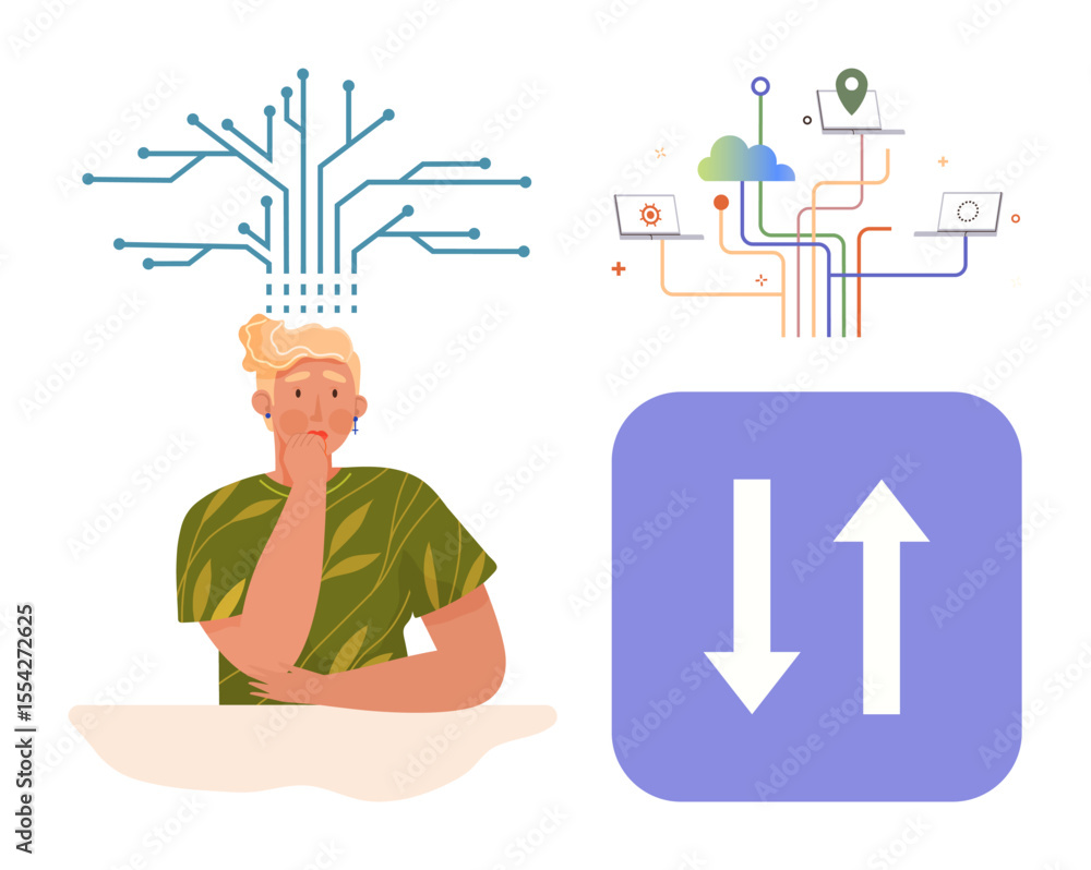Aufkleber thoughtful person with branching circuits overhead, cloud-driven digital network diagrams, and data 