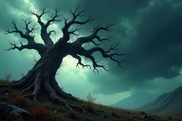 A gnarled, twisted tree clawing at a stormy sky, its branches reaching like skeletal fingers The image evokes a sense of malevolent, untamed nature , brooding, barren, sinister