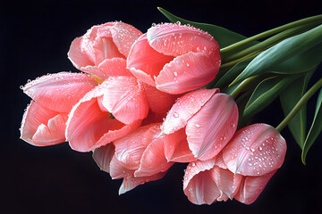 a bunch of pink tulips with water droplets