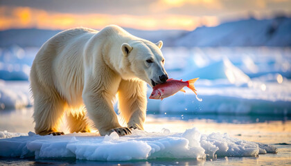 Obraz premium A majestic polar bear feasting on a freshly caught fish amidst the snowy Arctic landscape, with icy textures, visible breath in cold air, and dramatic lighting 