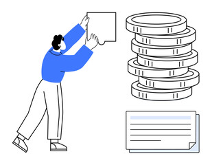 Person arranging document near large stacked coins, symbolizing financial management, investment, and savings. Ideal for banking, wealth, economy, strategy, budgeting planning simple flat metaphor