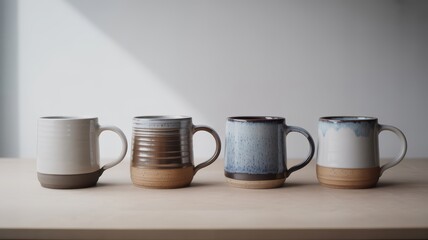 Fototapeta premium Variety of handmade ceramic coffee mugs on wooden table