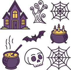 "Spooky Halloween Icon Set Featuring Haunted House, Skull, Bat, Cauldron, and Spider Web"