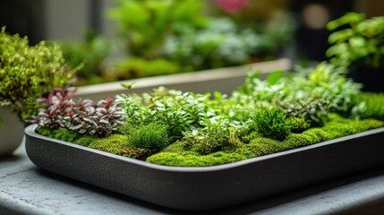 Detailed arrangement of small plants and moss in a rectangular planter.
