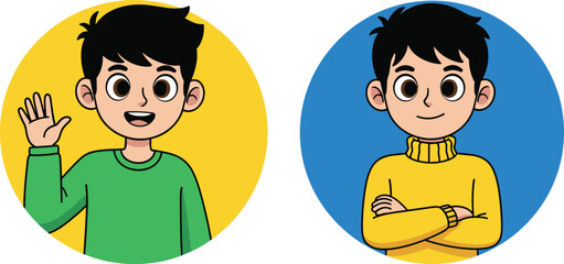 Cartoon boy avatar with green sweater waving and yellow sweater arms crossed, flat vector style, round colorful background icon, child character illustration