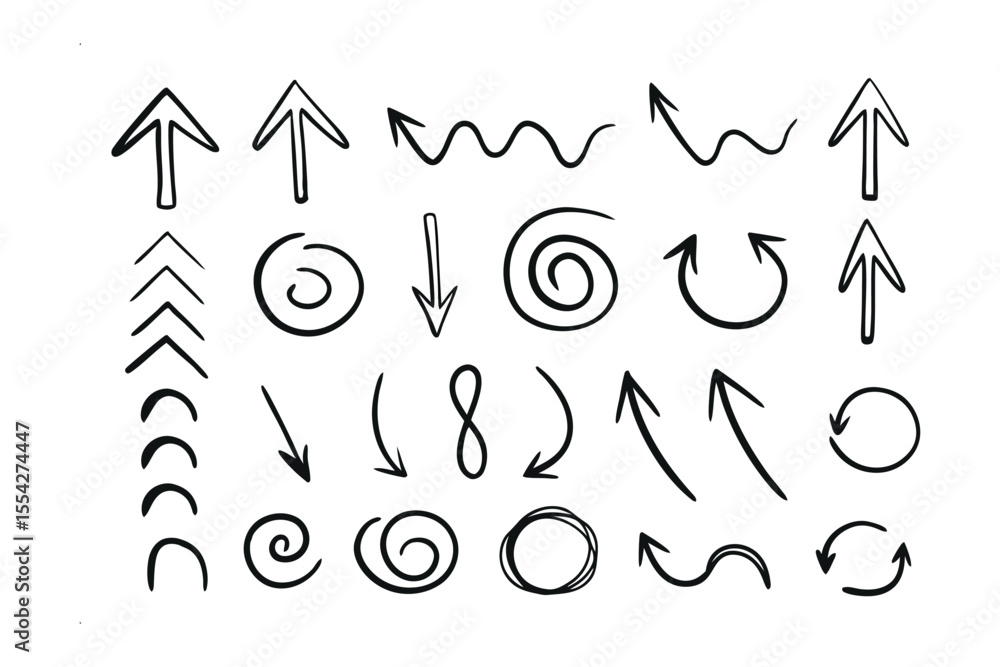 Poster arrow collection: a dynamic set of hand-drawn arrows in various styles, offering versatility for gra