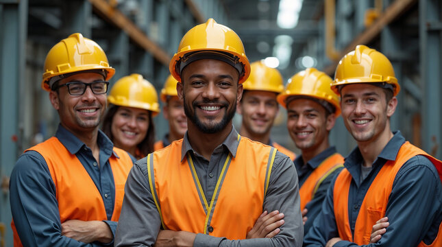 Group of smiling construction workers wearing safety helmets and reflective vests standing together in an industrial environment.