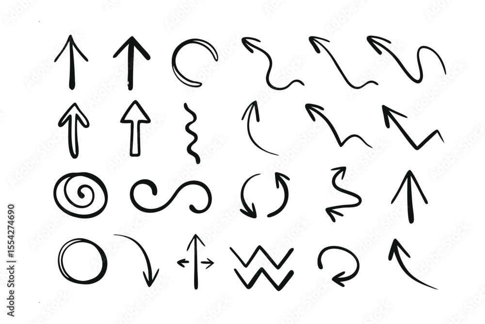 Poster arrow symbols set: a curated collection of hand-drawn arrow symbols in various styles, embodying dir