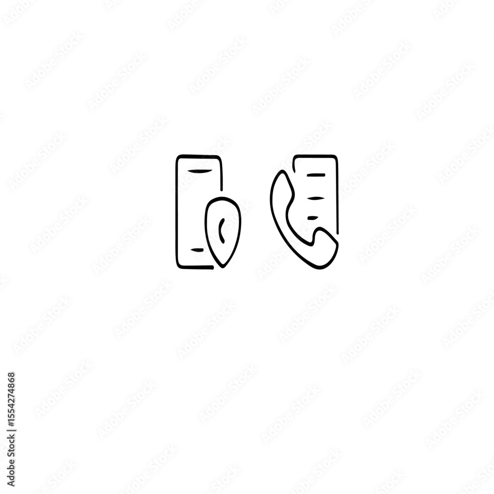 Poster outline icons of a smartphone with location and a phone receiver with paper notes