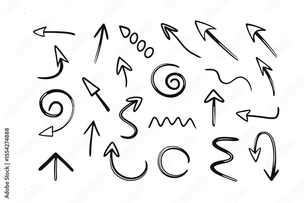 Poster arrow doodles: a collection of hand-drawn arrows, each with unique style and direction, creating a d