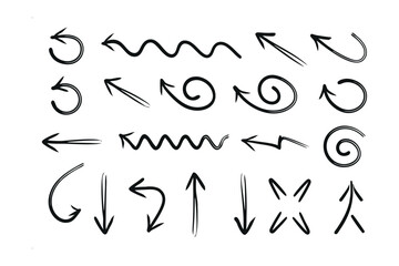 Diverse Arrow Collection: A collection of various hand-drawn arrows in black and white, perfect for illustrating direction, movement, or navigation in design projects. 
