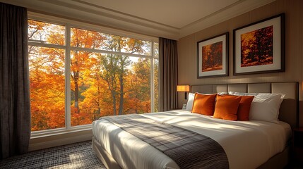 Bedroom interior with autumnal view through large window
