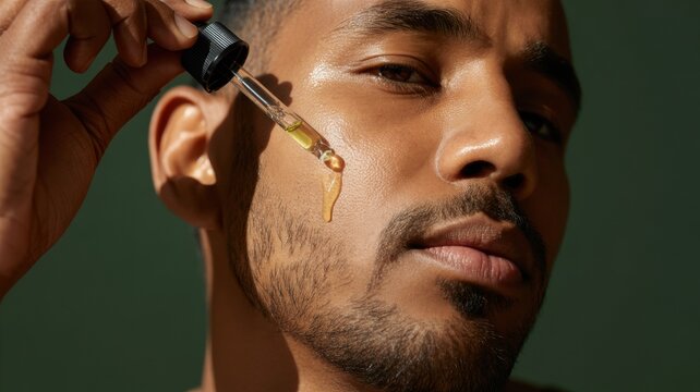Young african male applying facial serum for skincare routine on smooth skin