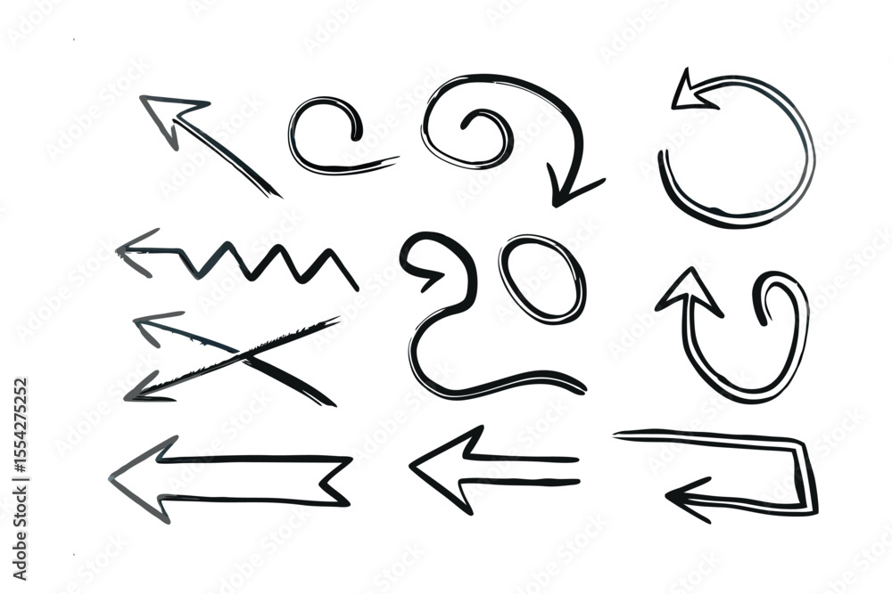 Poster assorted arrow elements: a collection of various hand-drawn arrows, each uniquely styled to represen