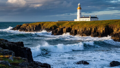 Sea lighthouse on the ocean shore. Seascape.