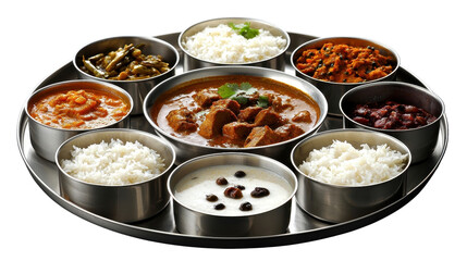 Traditional Indian Thali with Varied Dishes and Delicious Flavors in Stainless Steel Bowls