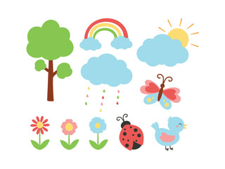 Cute Hand Drawn Springtime Scene with Rainbow, Tree, and Cute Elements Collection