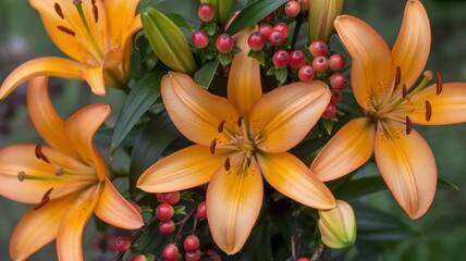 Obraz premium Vibrant yellow lilies with red berries in lush greenery