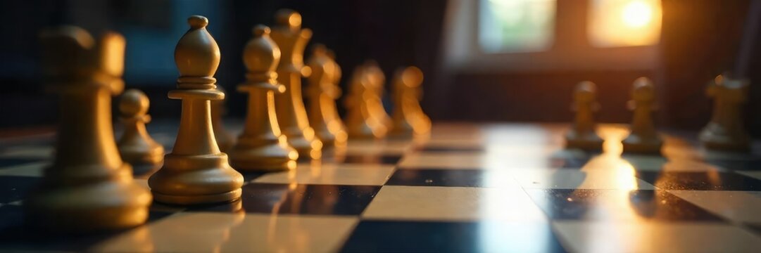 Close-up of a chessboard mid-game, pieces strategically positioned, reflecting a fierce, calculated battle of wits and ambition , calculated risk, victory