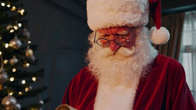 Santa Claus stands beside a beautifully decorated Christmas tree and holding a scroll in hands, checking list with a warm and cheerful expression. A classic Christmas scene full of holiday magic
