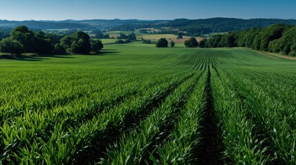 Fototapeta premium Lush Vibrant Green Grass Field Under Clear Blue Sky with Gentle Breeze Creating a Peaceful and Inviting Natural Landscape for Outdoor Activities