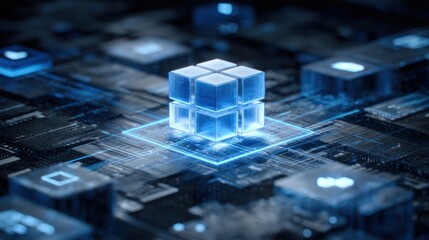 Glowing blue cube on circuit board