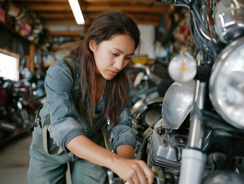 Female bike mechanic fixing a motorcycle 