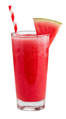 A bright watermelon smoothie in a clear glass, served with a slice of watermelon and straw.
