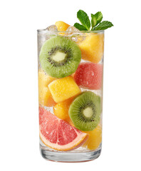 Mixed Fruit Juice with Kiwi and Citrus | A colorful mix of kiwi, citrus, and tropical fruits in a clear juice glass, ideal for summer themes