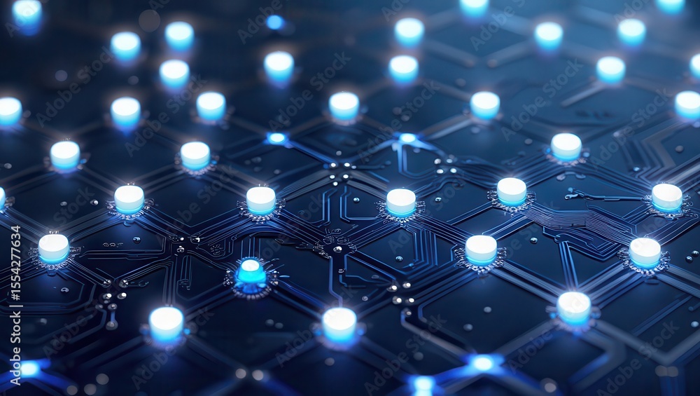 Poster close up of a dark blue circuit board with glowing white and blue lights in a hexagonal pattern