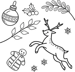 "Hand Drawn Christmas Line Art Set with Reindeer, Ornaments, and Winter Elements"