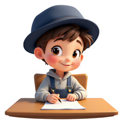 3D Realism Boy Writing at Desk on Transparent Background, Graphic for Digital Media